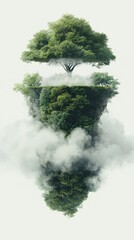 Fototapeta premium Floating tree in misty landscape nature surreal environment ethereal viewpoint