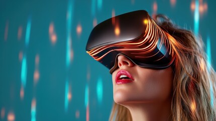 A woman wearing a futuristic VR headset, surrounded by glowing light effects, showcasing the immersive experience and excitement of virtual reality.