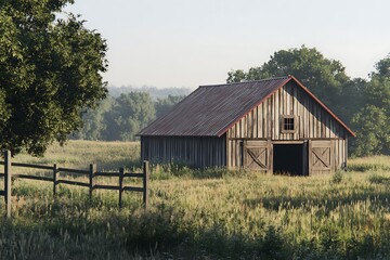 Obraz premium there is a barn in the middle of a field with a fence