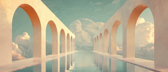 Serene reflection archway structure over water dreamy landscape tranquil environment aerial view