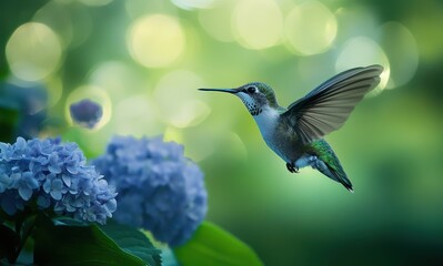 Fototapeta premium Hummingbird in Flight Near Blue Hydrangea Blossoms Surrounded by Soft Green Bokeh Background during Bright Sunny Day in a Lush Garden Setting