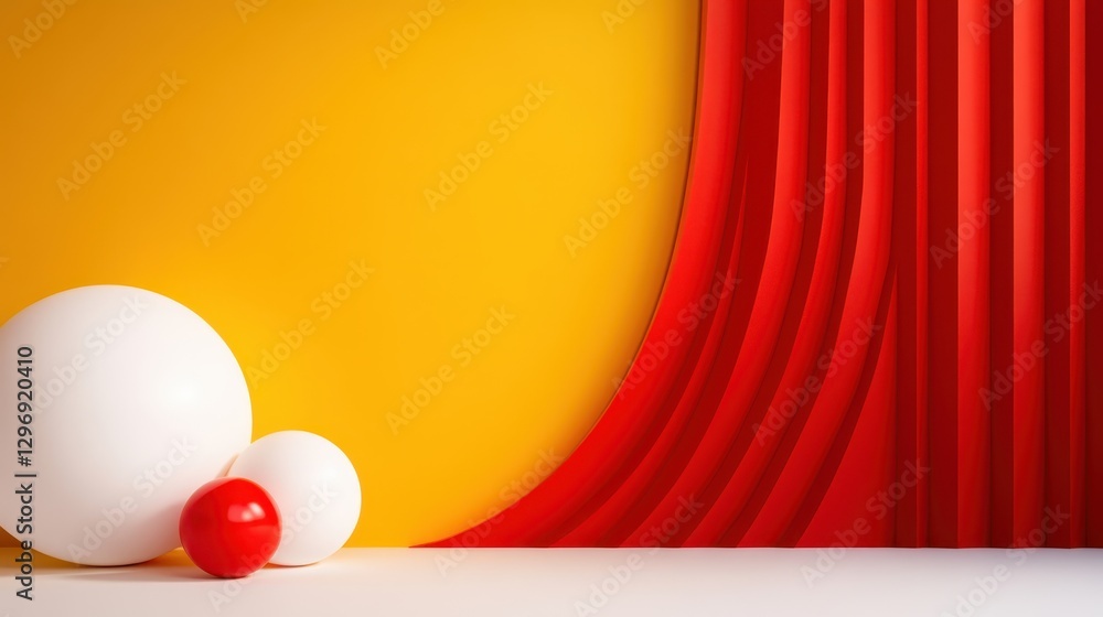 Poster an inviting abstract scene showcasing soft curves and rounded shapes in red and yellow against a smo