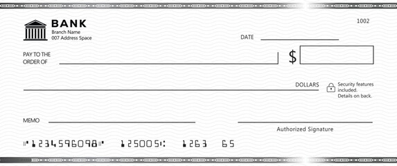 Blank bank check, checkbook cheque template with blue guilloche, vector mockup. Money payment bank check voucher or pay cash cheque certificate, account bill paycheck	