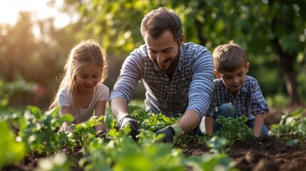 Family members are joyfully planting a garden in their backyard during spring. Children help their father as they prepare the soil and place seedlings for growth