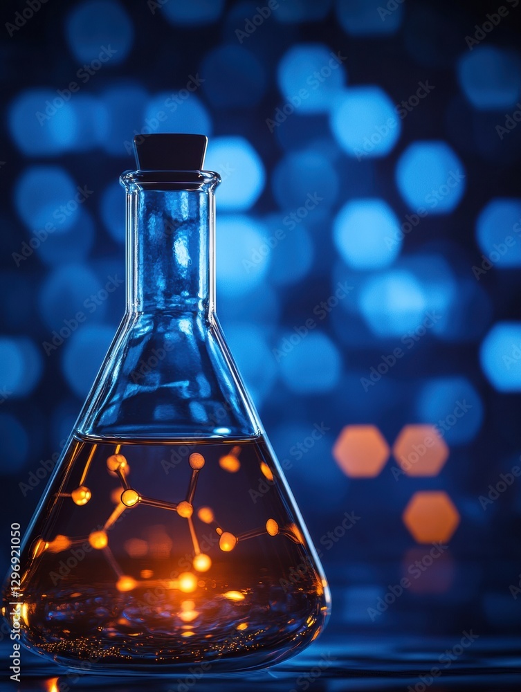 Leinwandbilder Transparent gas is contained in a laboratory beaker displaying molecular details and glowing against a blurred background. Generative AI