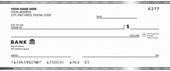 Blank bank check, checkbook cheque template with blue guilloche, vector mockup. Money payment bank check voucher or pay cash cheque certificate, account bill paycheck	