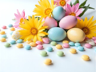 Colorful easter eggs amidst vibrant blossoms