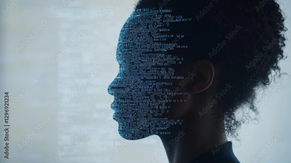 Poster silhouette of a woman with digital code projection representing technology and innovation in the mod