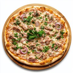8K photorealistic pizza with tuna and onions on rustic board