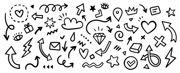 Vector cartoon abstract illustration of set of simple different line arrow and shape on white background. Flat hand drawn sketch doodle style design of collection of marker stroke icon and element