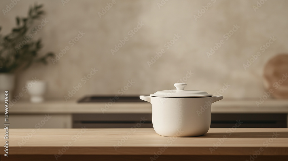 Poster culinary canvas: a pristine cooking pot with lid rests on a wooden surface, set against the backdrop