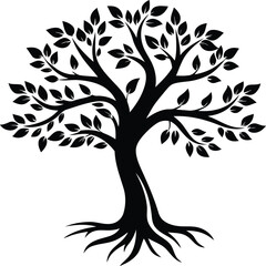 A stylized tree with leaves and roots silhouette vector illustration, A tree with leaves and roots vector icon design