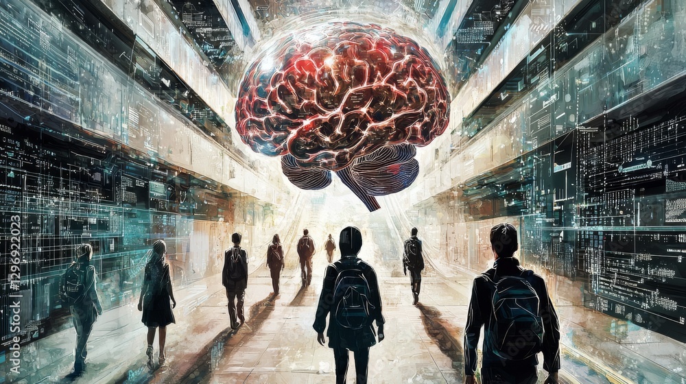 Aufkleber surreal scene of people in digital environment with giant brain symbolizing intelligence and knowled