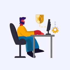 Professional qa engineer checking system error catching bugs isolated at white background. Creative IT programmer testing software application on laptop flat vector illustration big limbs style