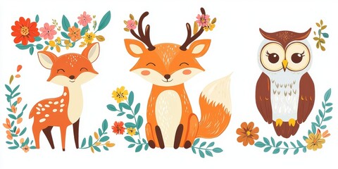 Fototapeta premium Cute forest animals, flowers, and leaves