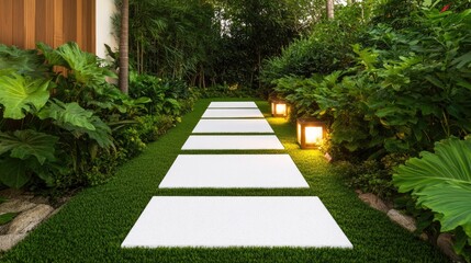Serene garden pathway illuminated by soft lights, surrounded by