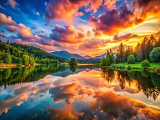 Fototapeta premium Vibrant Sunrise over Tranquil Mountain Lake: Colorful Sky Reflections & Lush Greenery