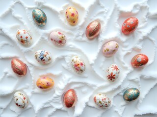 Colorful decorative eggs arranged on creamy white surface