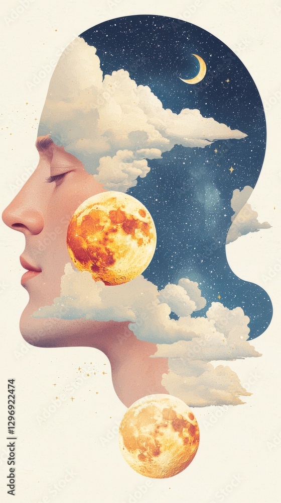 Poster dreamy portrait of a person with celestial elements surreal art creation studio environment close-up