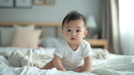 Fototapeta premium there is a baby sitting on a bed with a white blanket