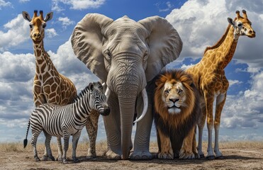 Majestic African Wildlife Scene Featuring an Elephant, Lion, Giraffe, and Zebra Against a Beautiful Blue Sky with Clouds