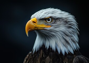 Obraz premium Majestic Bald Eagle in Profile Against Dramatic Dark Background Capturing the Essence of Wild Nature and Powerful Avian Presence