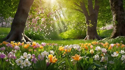 Enchanted Meadow: A Mystical Forest Glade with Blossoms and Sunlight