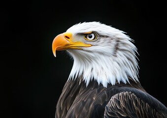 Obraz premium Majestic Bald Eagle Portrait with Intense Eyes and Distinctive White Head Against a Black Background in Natural Setting