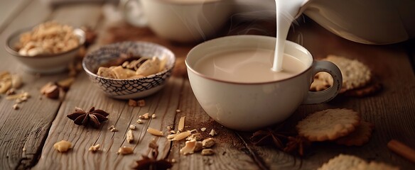 Fototapeta premium there is a cup of milk being poured into a cup of coffee