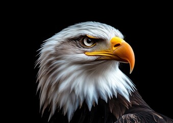Fototapeta premium Majestic Bald Eagle Portrait with Striking Detail on Feathered Texture and Intense Gaze Against Dark Background for Wildlife Enthusiasts and Nature Lovers