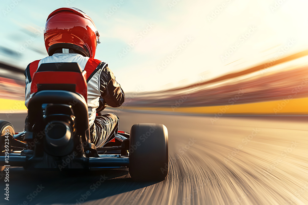 Poster speeding in a go-kart at the track with a motion blur effect, capturing the intense rush and focus o