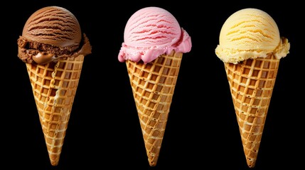 Three vertical waffle cones filled with colorful ice cream scoops on a black background