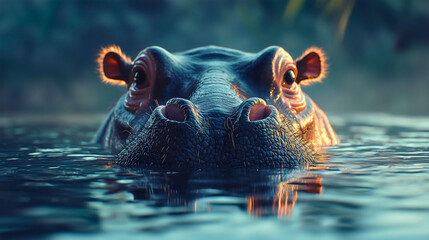 Fototapeta premium A close-up of a hippopotamus's snout emerging from a calm river. 