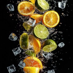 Surreal Summer Citrus Explosion with Floating Fruit Slices and Ice