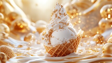 Fototapeta premium there is a cupcake with white frosting and gold decorations