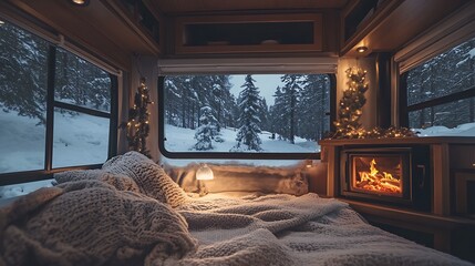 there is a bed with a blanket and a fire place in the room