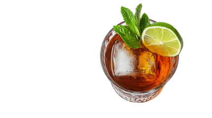 Classic cocktail with lime wedge and fresh mint leaves, summer refreshment, isolated on white background, PNG format, top view