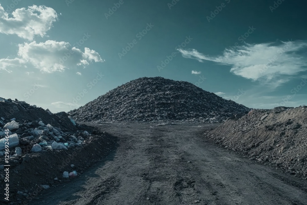 Aufkleber mountain of plastic waste dominates landfill under clouded sky with ample space for awareness messag