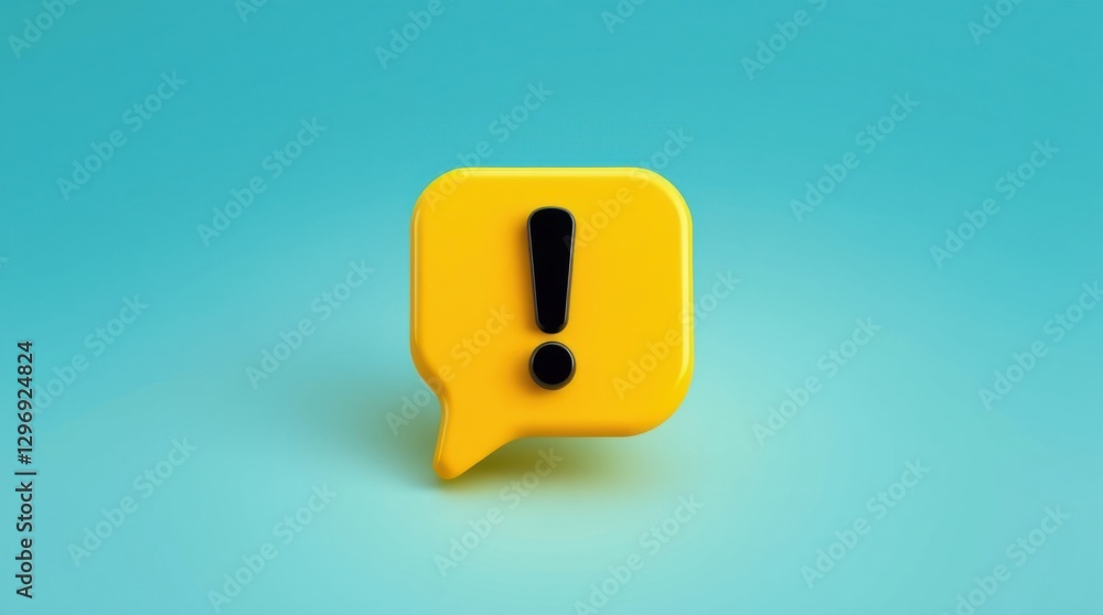 Poster yellow speech bubble with a black exclamation point on a teal background, 3d render with depth of fi