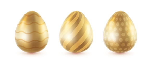 Vector set of illustration of realistic shine golden egg with pattern isolated on white background. 3d cartoon style design of different metal golden egg for holiday easter hunt