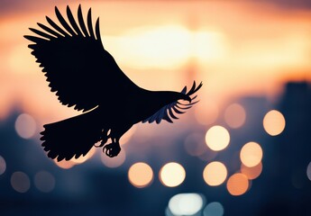 Obraz premium Majestic Bird in Flight Against a Stunning Sunset Background Creating a Silhouette with Colorful Bokeh Lights Illuminating the Scene