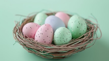 Fototapeta premium Charming easter poster and banner featuring a nest of vibrant eggs on a lush green background