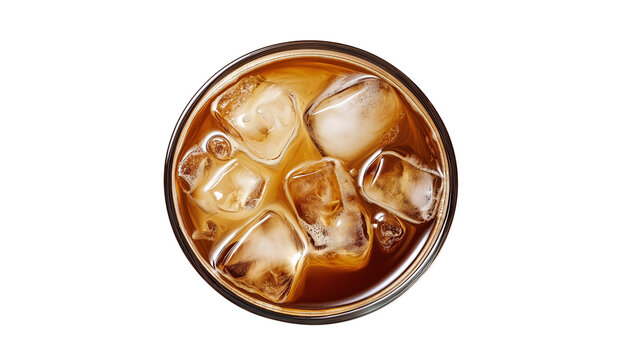 Iced coffee in transparent glass with floating ice cubes, creamy coffee swirls, refreshing drink, isolated on white background, PNG format, top view