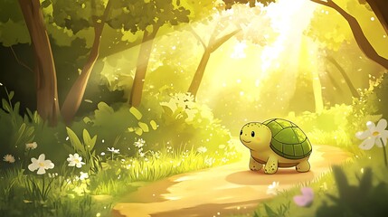 there is a cartoon turtle walking down a path in the woods