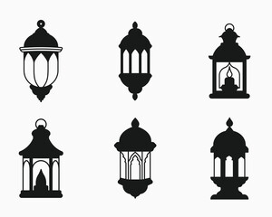 Islamic lantern silhouette icon bundle set in black and white isolated flat vector illustration for eid celebration
