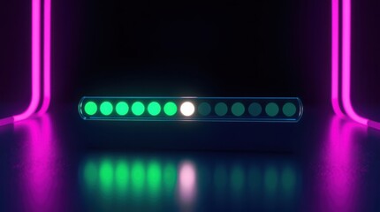 Glowing progress bar with neon lighting indicates loading or completion in a digital interface.