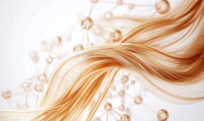 Healthy blonde hair flowing, molecular structure background, beauty product concept