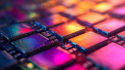 Detailed view of microchips being meticulously inspected by advanced sensors on a high-tech production line for quality assurance and functionality during the semiconductor manufacturing process