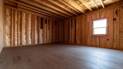 Raw Timber Structure: A close-up view showcases the intricate framework of a room under construction. The scene is dominated by exposed wooden beams and studs, a window letting in natural light.