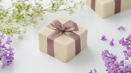 Elegant white chocolate gift box with satin ribbon surrounded by delicate flowers